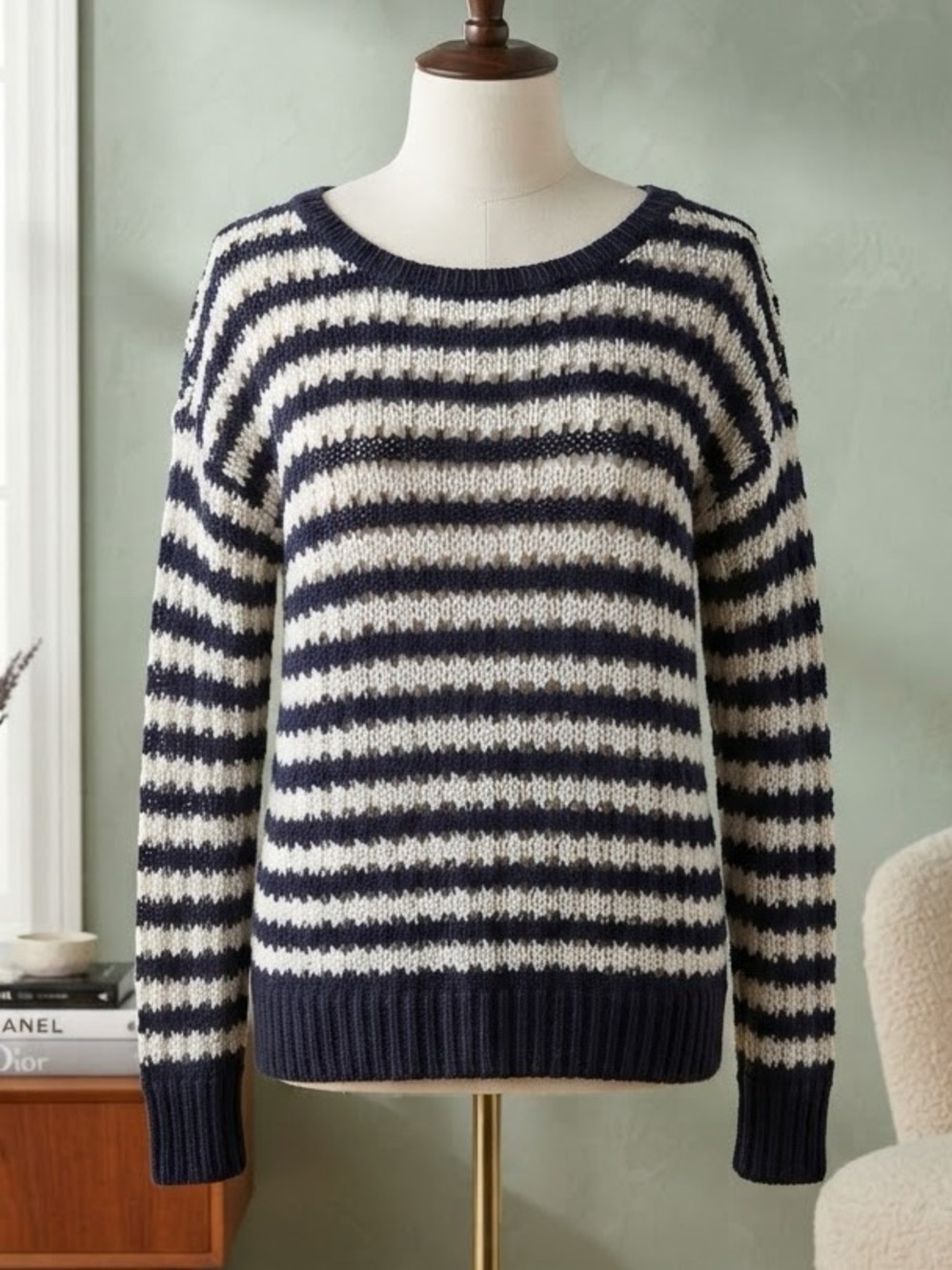LOFT Navy and Cream Striped Crewneck Sweater